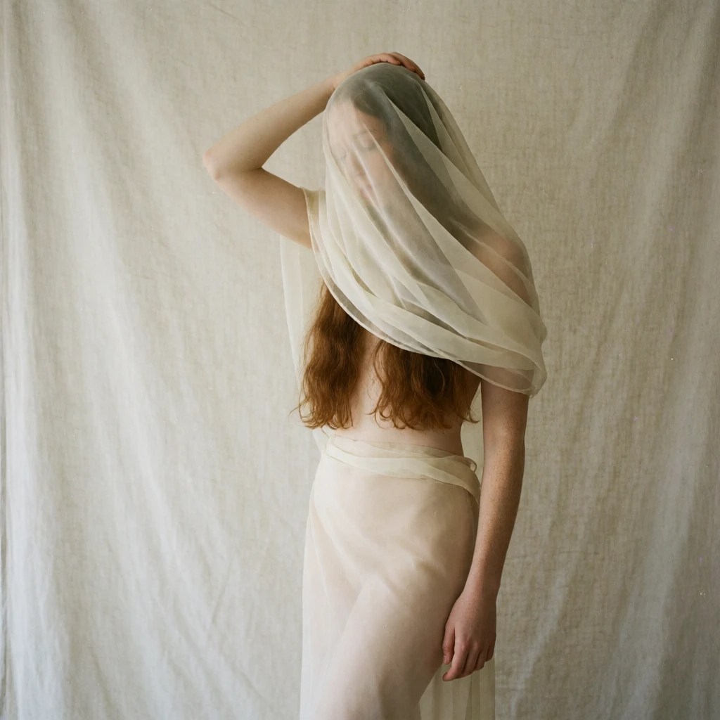 Standing adult figure wrapped in translucent ivory fabric, with one arm raised and a veil across the face.